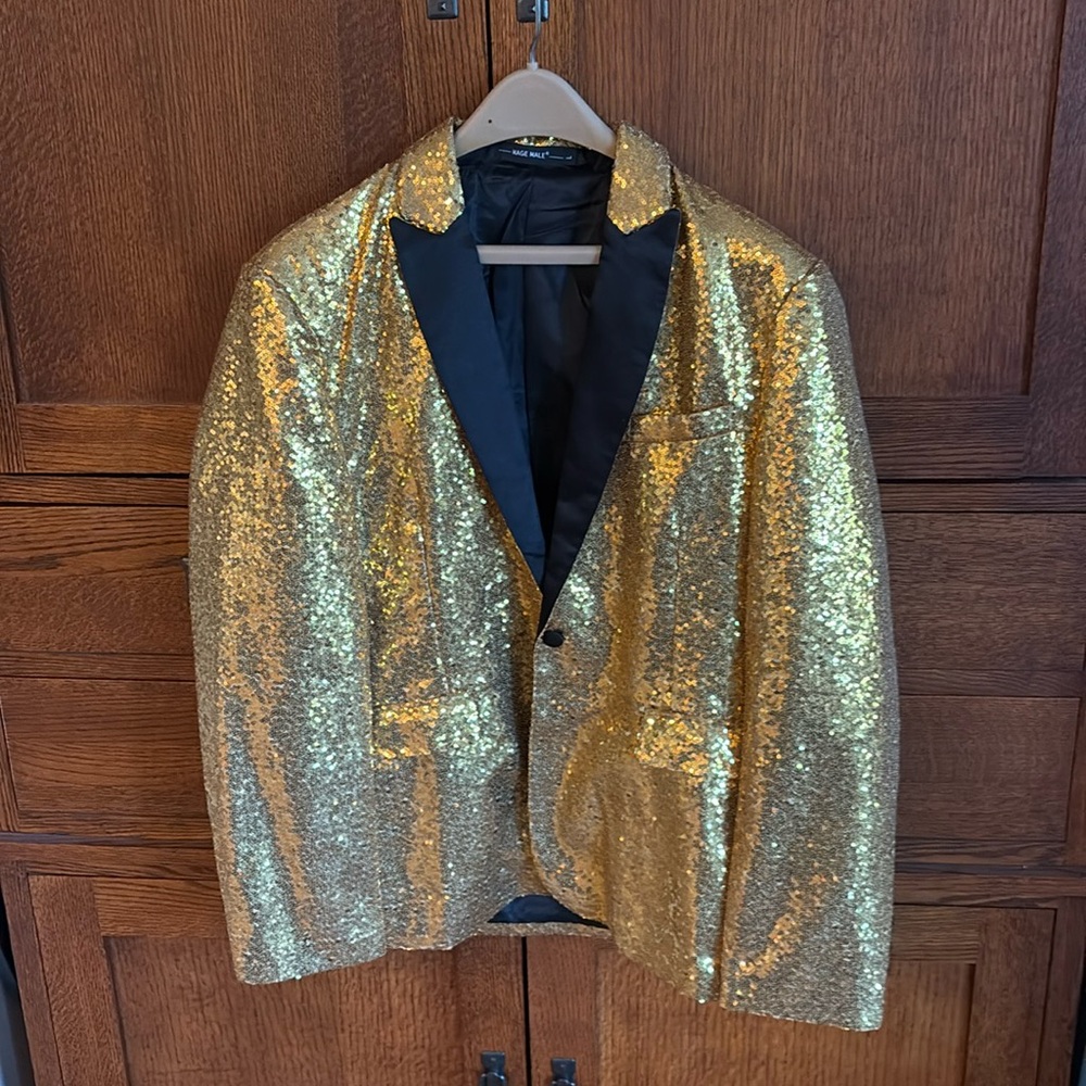 Unisex Large Gold Black Tuxedo Jacket sequins